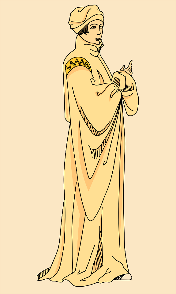 Very pale shiny yellow mantle with full sleeves and tight at wrist. Top of sleeves trimmed with gold and black braid