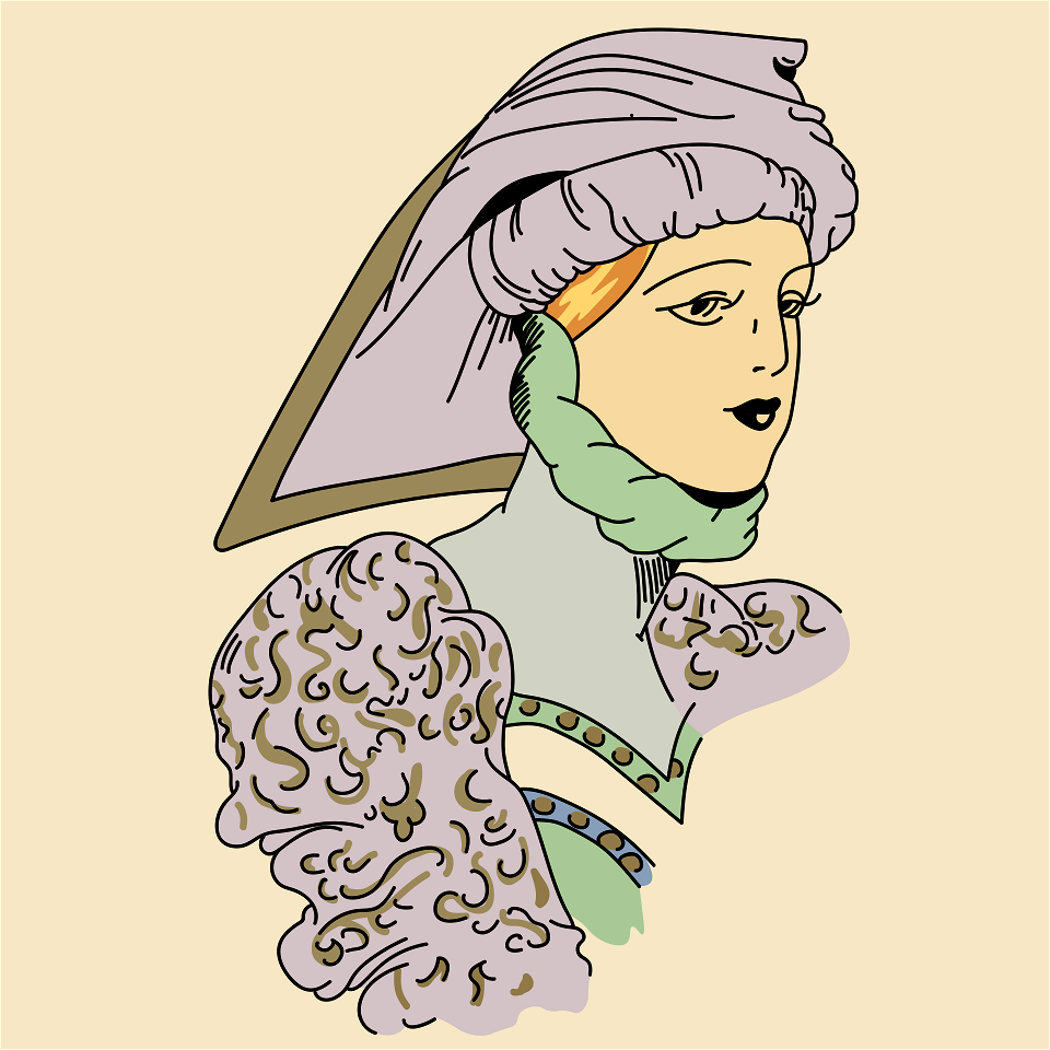 Headdress draped well to the head. Falling fairly low in rear