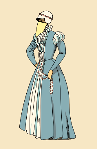 Tudor period. Blue dress opening on white pleats