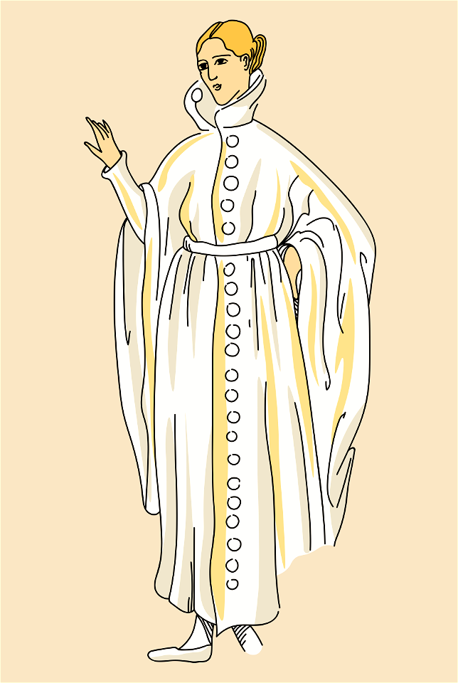 Mantle buttoned whole length of white front. Full sleeves over tight-fitting sleeves