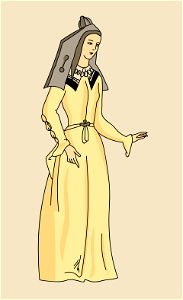 Fashionable XVth cent. dress. Tight fitting light pink bodice with flat white collar and gold bead necklace