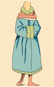 Blue mantle. Sleeves with bottom and collar bordered with blue cloth. Collar falls on shoulders