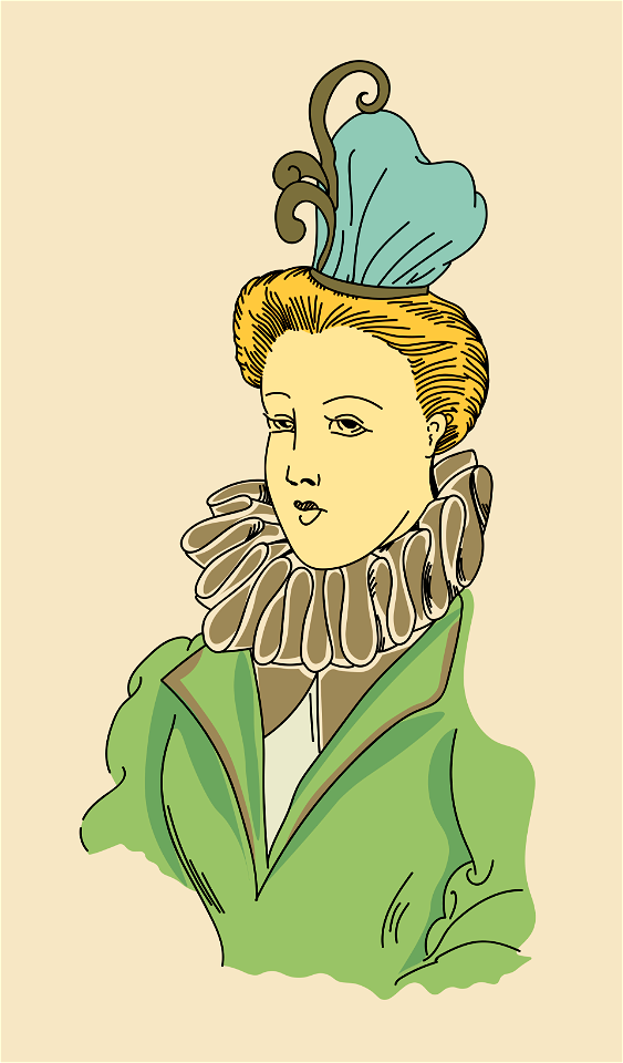 Headgear of a donna (Italy). A small toque poised on the chignon with light quills stuck in