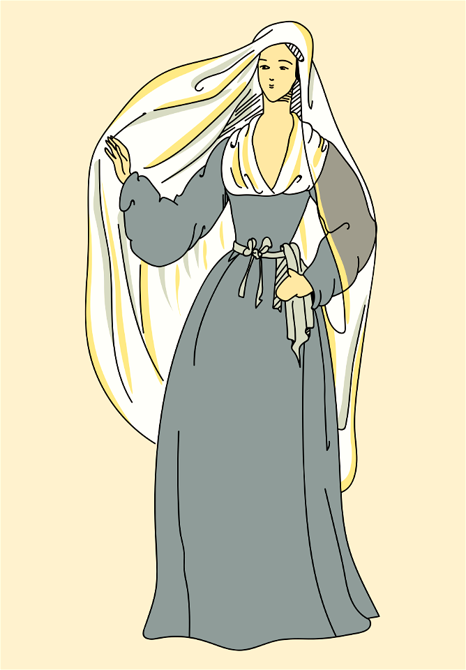 Italian woman. Dress with corselet. Dark blue long and roomy sleeves 