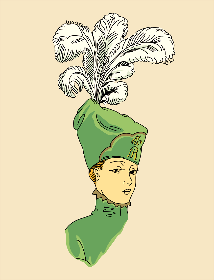 Danish headgear. velvet toque topped with a very high feather plume