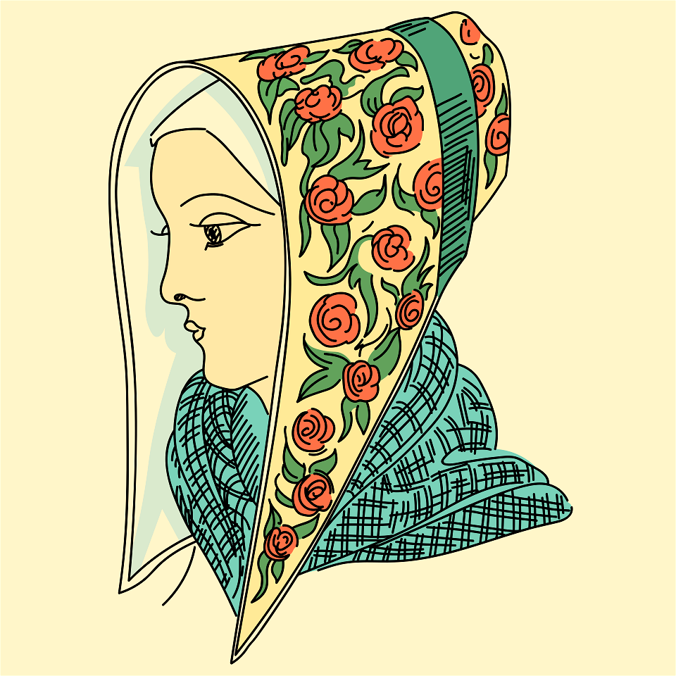 Danish headdress. Seemingly stiff hat. Vivid coloured cloth