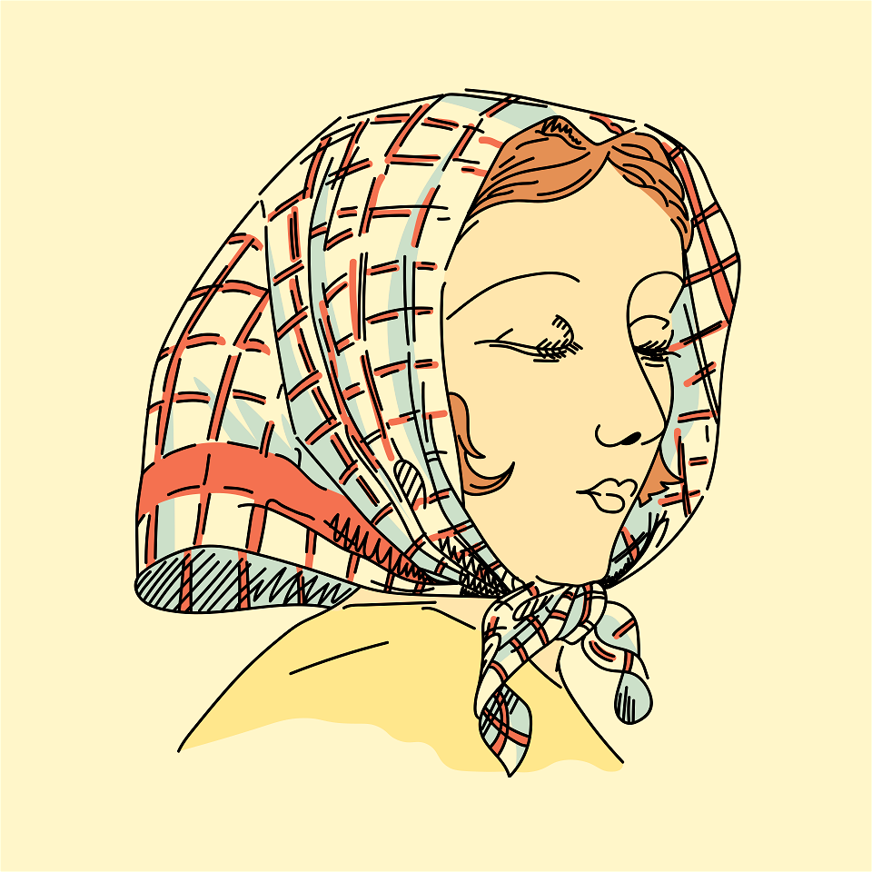 Ejdal woman's headdress. Simple check muff knotted under the clock