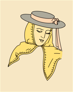 Villager's headdress in the Salamanca District. Yellow neckerchief tied under the chin. Black felt hat. Rosy madder ribbon
