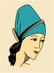 Headdress of an Andalusian woman. Blue cap tucked up in front and forming a point