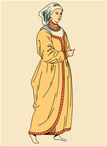Woman wearing Spanish traditional draped dress with unbleached wool colour