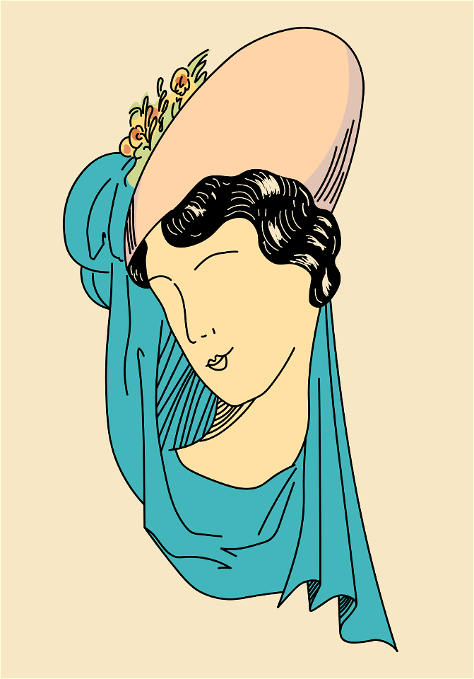 San Constantino headdress (Kingdom of Naples). Pink hat trimmed with flowers tilted on one side with a scarf which the wearer throws back over her shoulder