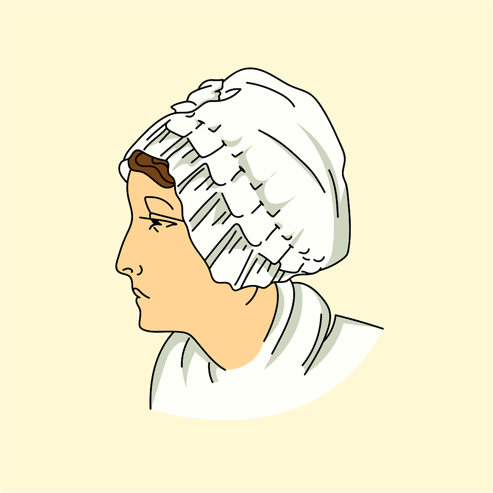 White bonnet plaited around the face tied on top of the head forming a trimming
