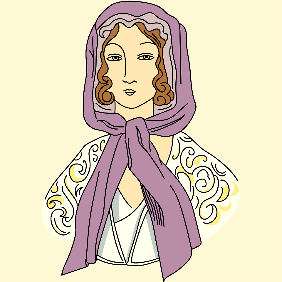Hair curled on each side of the face. Maintained under a fluted above the forehead and covered with a light hood. Tied at the neck and falling as necktie flaps on the shawl