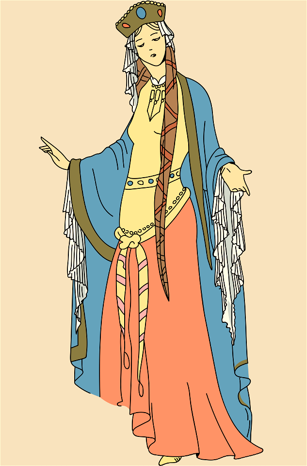 Reign of Clovis. Clotilde in ceremonial dress. Headdress veil falling from the headdress