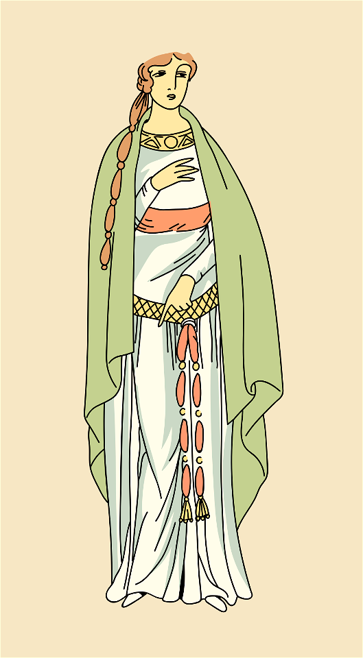 Gallic lady dressed in a robe which is tight to the body and full at the hem with two belts one knotted at the breast and the other lower down and loose fitting