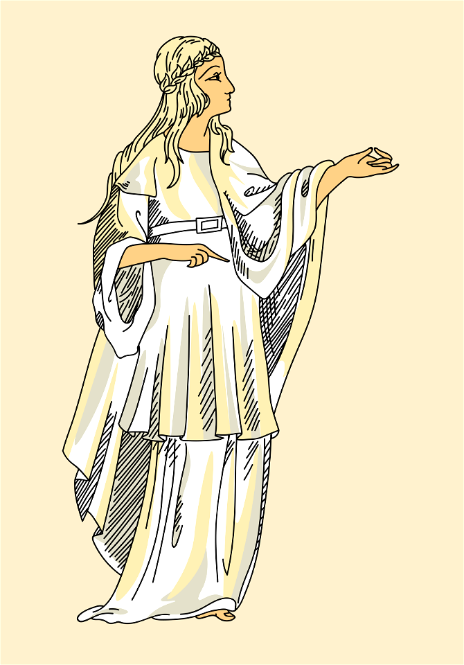 Costume of Druidess consisting of a draped shapeless cloak worn over a tunic held at the waist by a belt