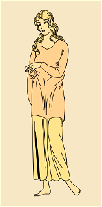 Costume of a Gallic lady after an ancient bas-relief. Loose orange-coloured coat over a yellow skirt