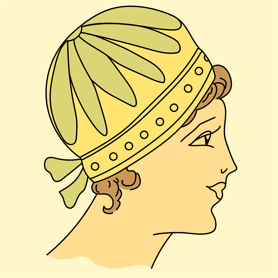 Headdress in the time of Childebert or Coubert (570). Yellow cap trimmed with large green flowers