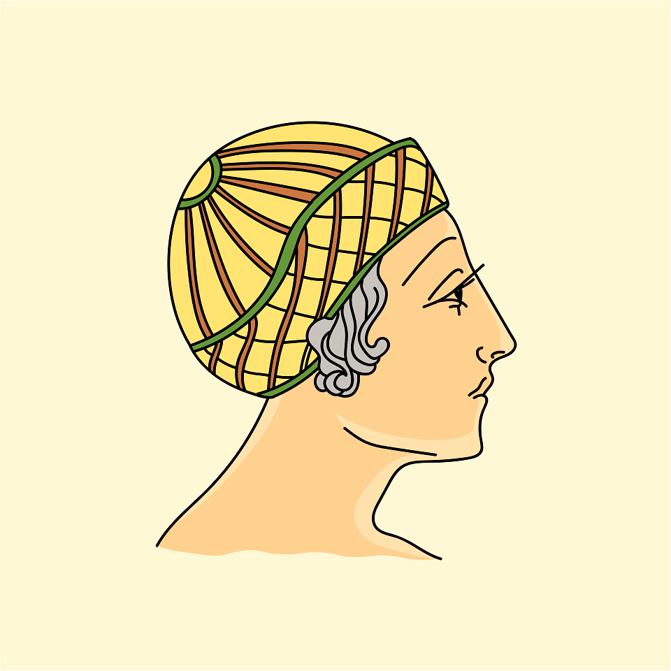 Greek woman's coiffure with ball-crown and tucked brim embroidered and edged. Coloured embroidery-stitches