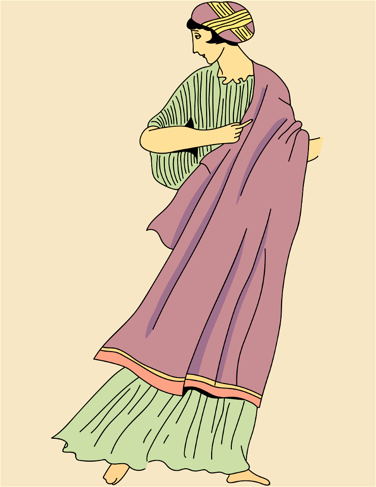 Woman wearing cape-cloak with pleated gown-sleeves