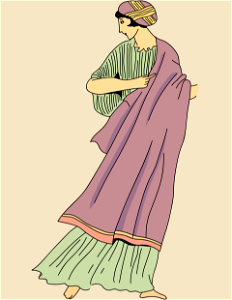 Woman wearing cape-cloak with pleated gown-sleeves