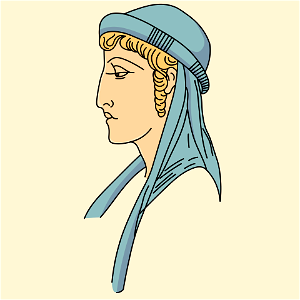 Greek small coiffure with narrow scrolled brim and two ribbons hanging together on each shoulder