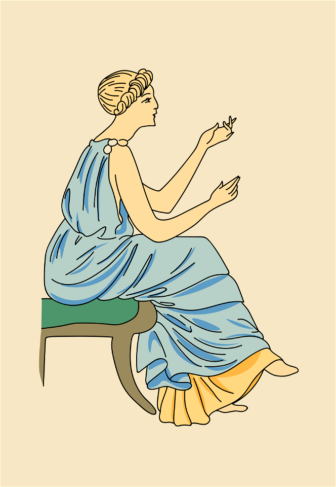 Blue gown clasped on shoulder and set over pale yellow flaxen tunic