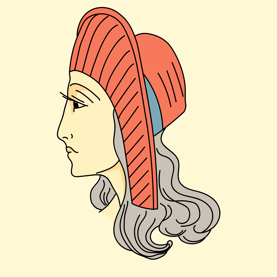 Greek hat wholly covering head. Large brim tucked up in front. Free sides descending towards shoulders