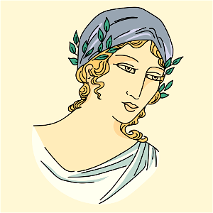 Greek coiffure made of short drapery of plain material fixed behind and adorned with laurel on the sides