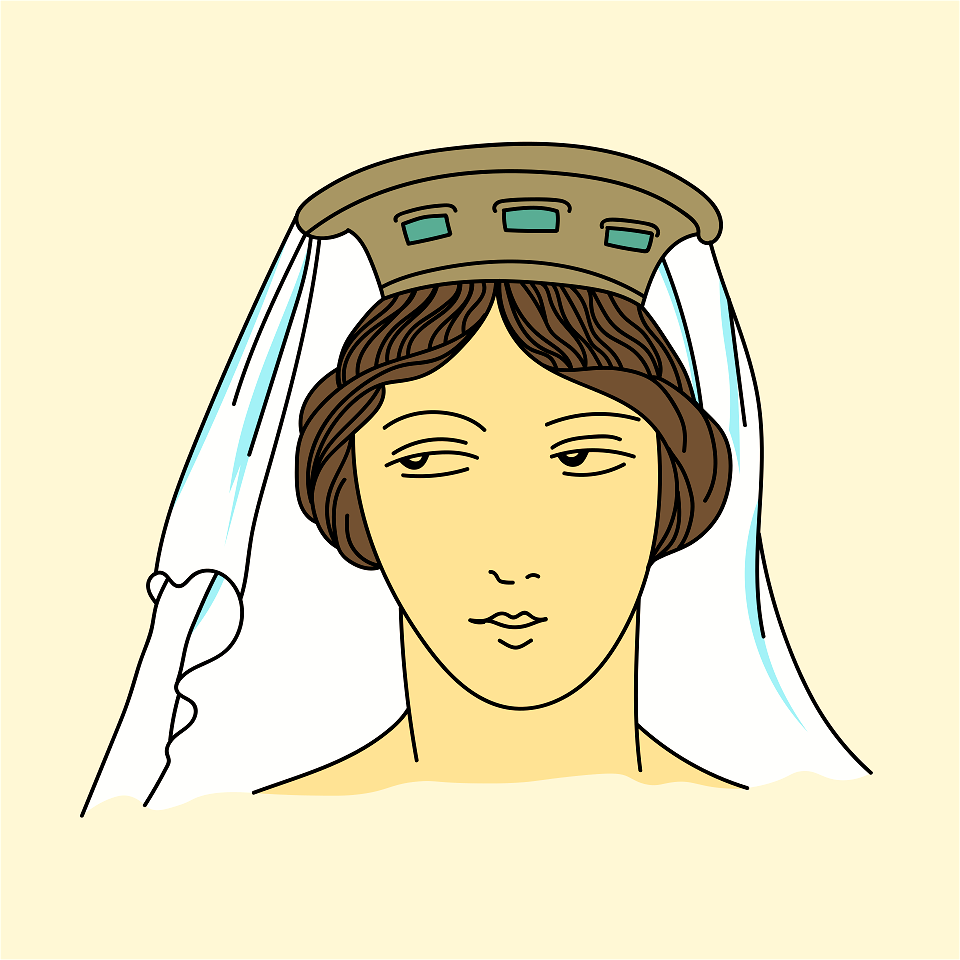 Gold crown-coiffure adorned with precious stoner and white veil