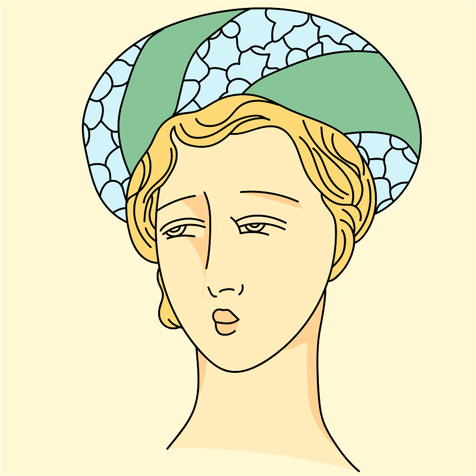 Greek coiffure figuring a cushion partly of plain ribbon and beaded stuff. Worn high over the forehead