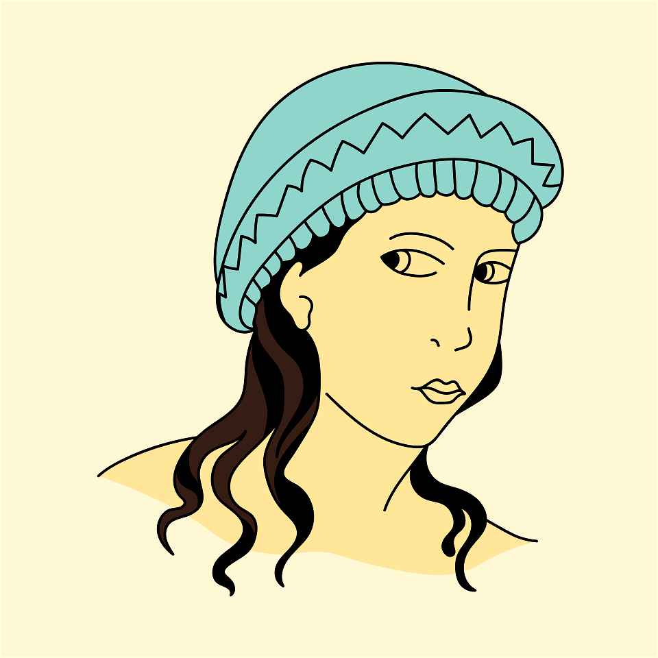 Etruscan lady's coiffure with blue roll and yellow embroideries