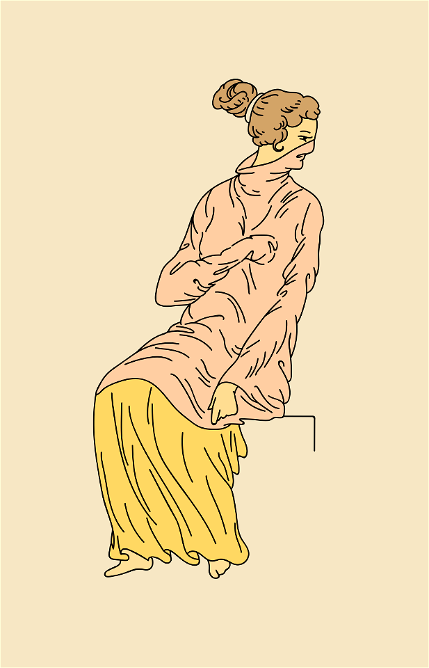 Cloak passing over one shoulder and held by drapery weighted with lead