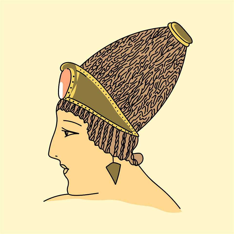 Entirely plaited roman headdress. A diadem of chiselled gold finished with a precious stone geves a generally enriching effect. A gold band rounds this sugar-loaf headdress