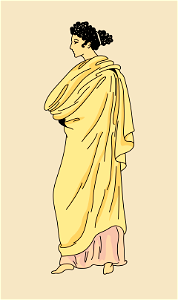 Draped cloak thrown back over the shoulder