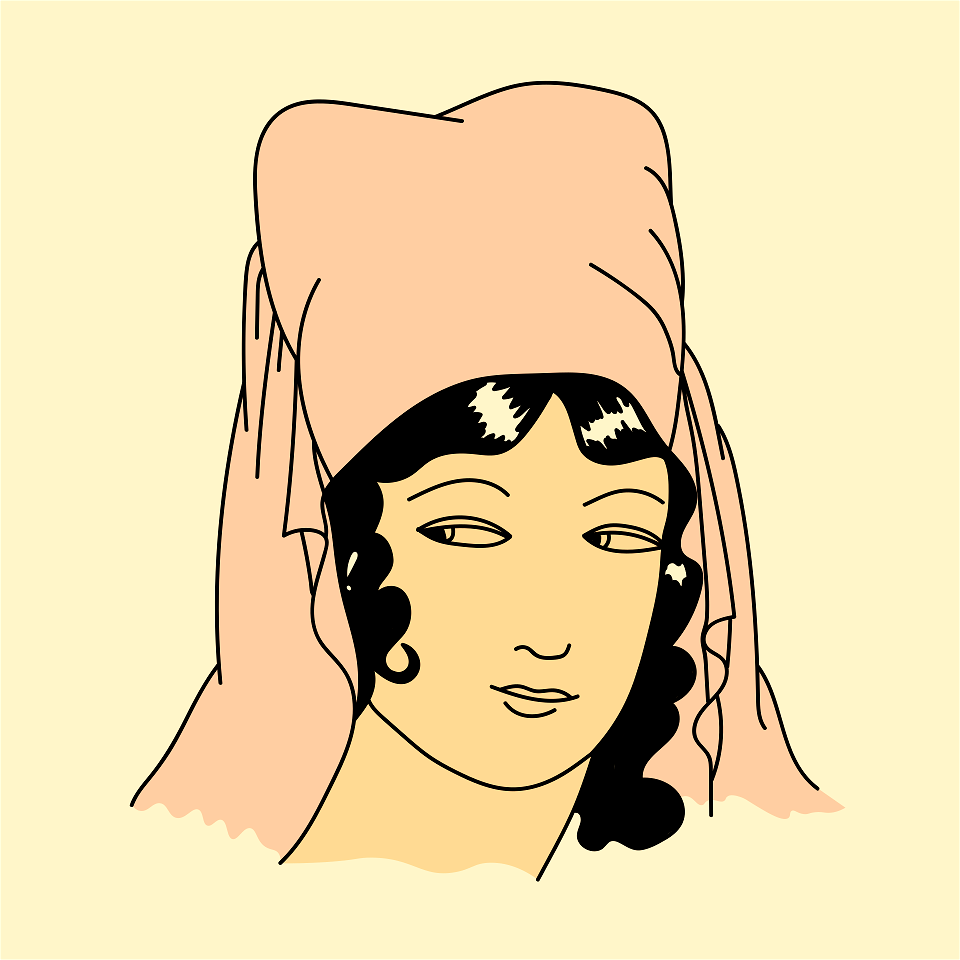 Greco-Roman headdress in old rose form which hangs a veil