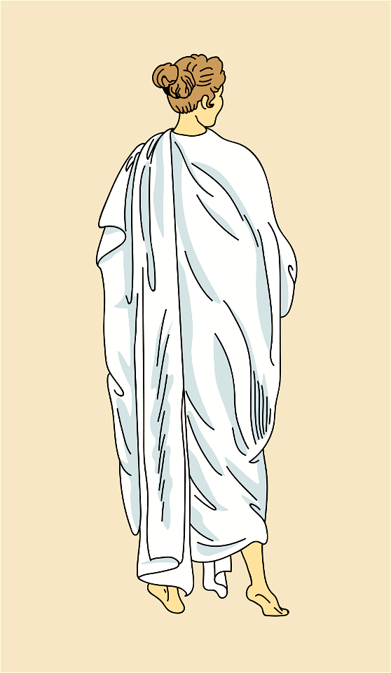 Draped cloak passing over the shoulder and folded behind