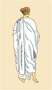 Draped cloak passing over the shoulder and folded behind