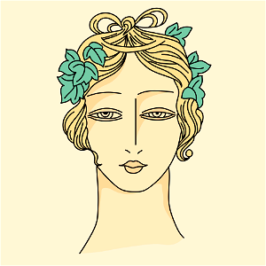 Bacchante's greek coiffure with small tresses tied up on top of head. Golden-yellow circle or bandlet on hair holds ivy-leaver descending on each side