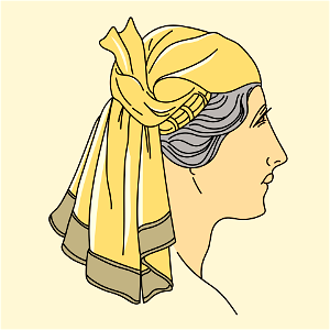 Greek coiffure made of plain draped stuff with darker border tied on back-hair hanging and hiding neck