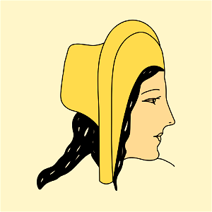 Greek bright yellow headdress amusing because of its cloak-shaped form