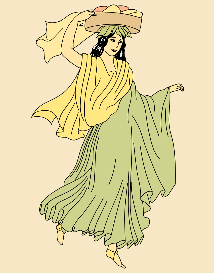 Canephore woman bearing basket with crown of ivy-leaves round the hair. Long coat and yellow shawl. Shoes with yellow ribbons