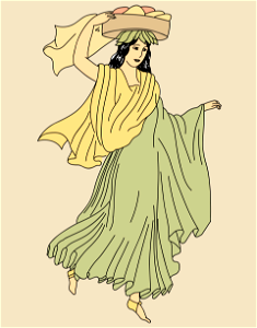 Canephore woman bearing basket with crown of ivy-leaves round the hair. Long coat and yellow shawl. Shoes with yellow ribbons
