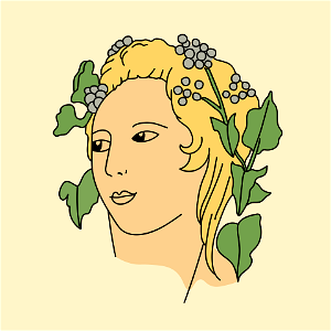 This coiffure is attributed to a follower of Bacchus recognisable by its characteristic features. There are plaited hair with vine leaves and bunches of grapes