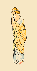 The woman sitting wears a yellow tunic. White band in hair
