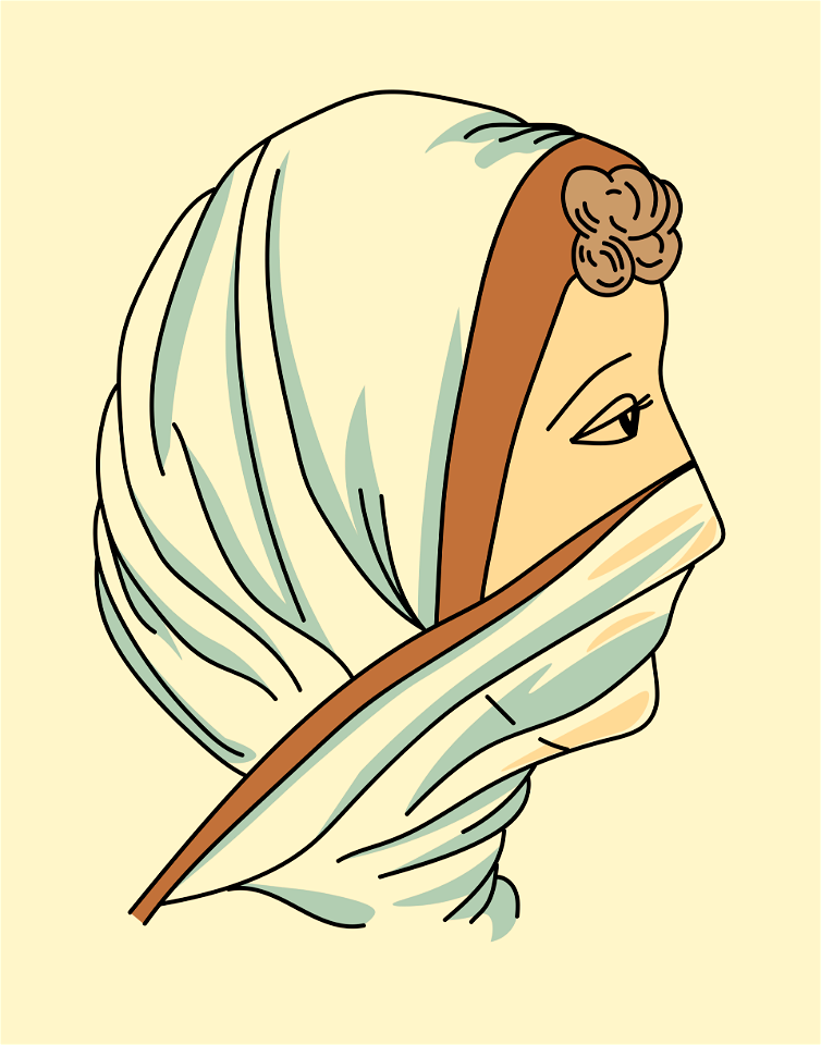 White drapery from which falls a brick-red band