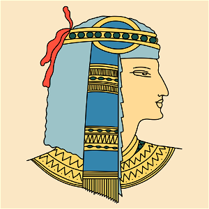 Ancient Egyptian Coiffure of Prince Mantouhichopchof (19th. dynasty). Blue with yellow embroideries adorned with a red ribbon. Collaret