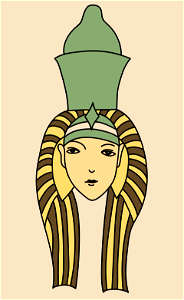 Ancient Egyptian Coiffure of the goddess Ammion. Brown with light yellow stripes and surmounted with a huge ornamentation in the shape of a green dorne