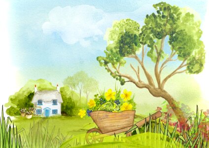 Flower wheelbarrow watercolor