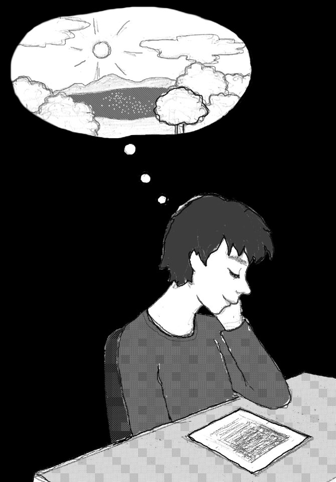 Reading drawing black and white